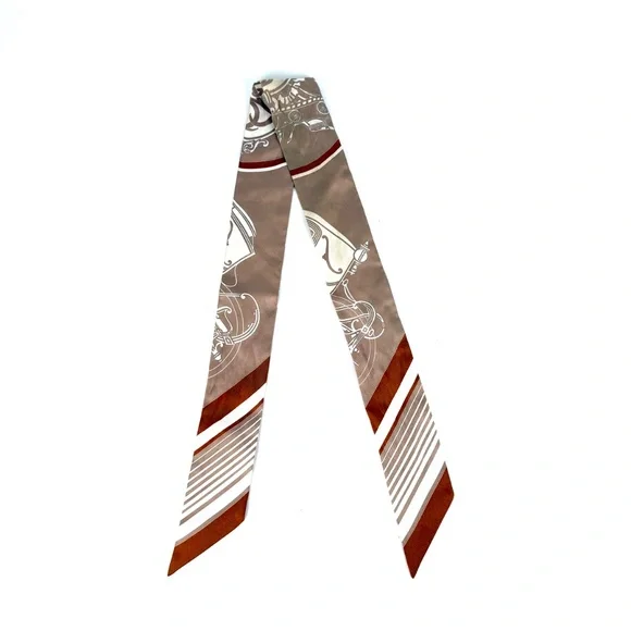 Hermes Ex Libris Horse Carriage Print Beige White Caramel Silk Twilly Scarf - Picture 4 of 13